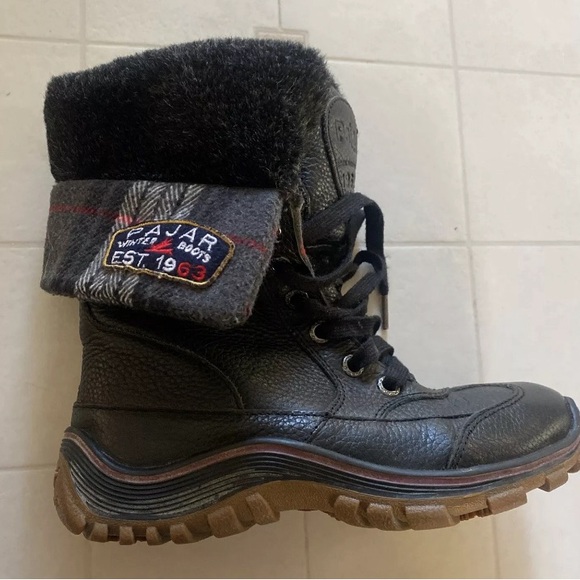 Pajar Alice Black Waterproof Snow Boot Leather Dual Tweed Faux Fur Cuff US 7-7.5 - Picture 2 of 5